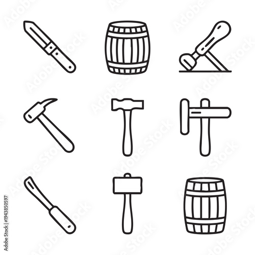 Set of black and white line of tools and barrels line tools hammer mallet