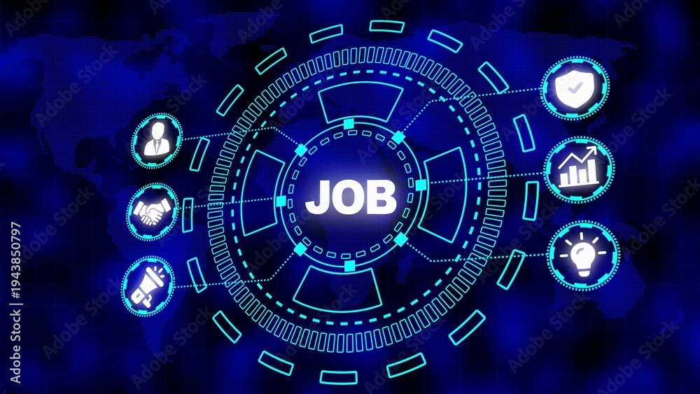 Obraz premium Futuristic Digital Hub Displays the Word JOB Surrounded by Icons of Business Success and Employment Opportunities