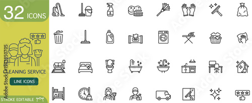 Cleaning service icon housework symbol hygiene tool disinfect spray mop bucket vacuum cleaner washing machine window squeegee rubber glove garbage bag professional cleaning service icon set line