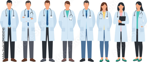 Medical professionals group illustration, male and female doctors, healthcare staff in uniform, stethoscope wearing team, hospital staff standing, vector cartoon characters, flat design