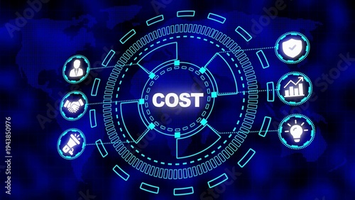 Futuristic Digital HUD with the word COST at the center surrounded by business icons cost interface