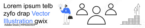 Business, teamwork, growth, strategy, management, collaboration. People icons, graph upward trends and a professional character holding a briefcase. Business and teamwork concept