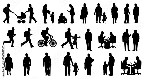 People black silhouette set with various poses and activities on white background featuring silhouettes, human figures,