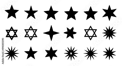 Stars black icon set with various shapes and symbols, starburst and david featuring star icons, icons, graphic