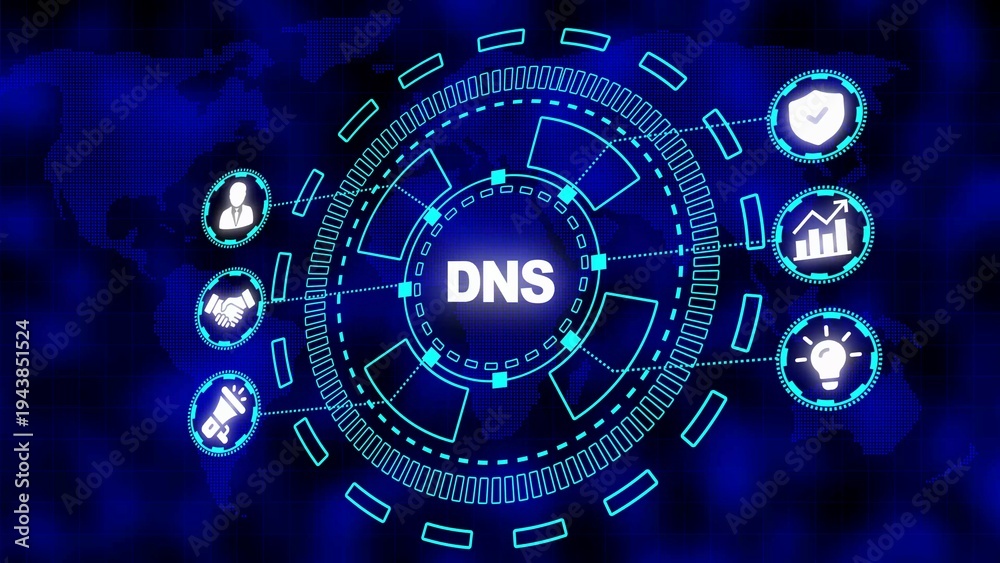 Obraz premium Futuristic Digital Network Hub with DNS Icon and Business Icons on World Map Background technology