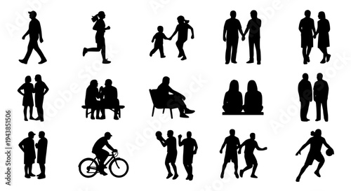 People black silhouettes set with various actions and poses on white background featuring icons, illustrations, human