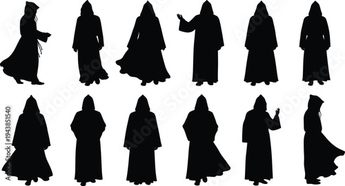 Hooded monk silhouette collection, mysterious robe figures, fantasy wizard characters, medieval costume illustration, magical figure poses, cloaked person design, gothic Halloween concept art