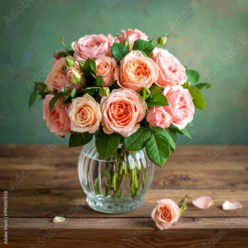 A vase of pink roses on a wooden table against a green wall