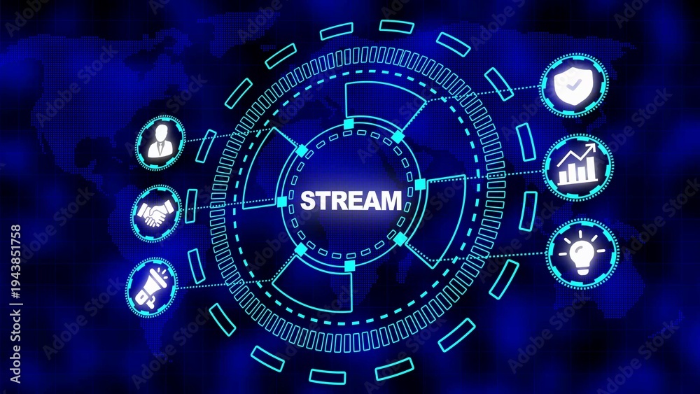 Obraz premium Futuristic Streaming Network Hub with Icons for Business and Digital Content technology