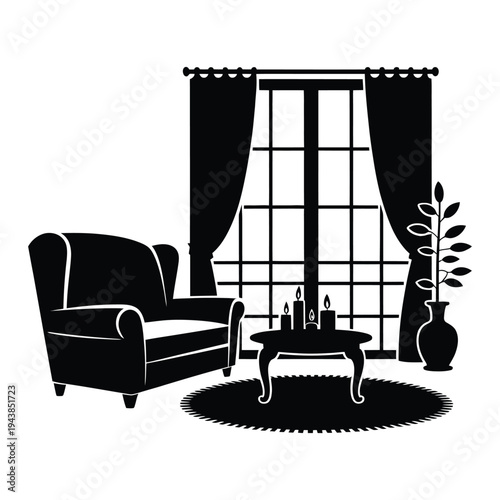 Moody living room with candlelight Vector, Silhouette, Illustration