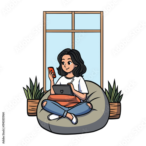 Young woman sitting on bean bag using smartphone while drawing on tablet, cozy home workspace cartoon vector illustration