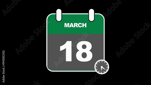 Green and Gray Calendar Icon Displaying March 18th with a Small Clock eighteenth date