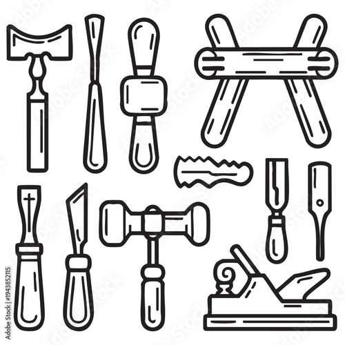 Set of woodworking tools and equipment in black and white line hammer chisel mallet plane