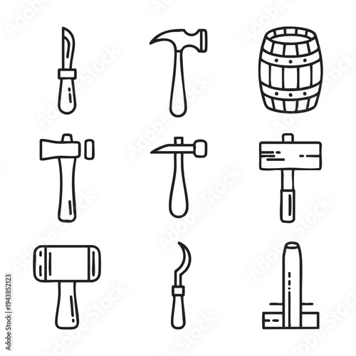 Set of nine black and white line tools including hammers mallet and chisel
