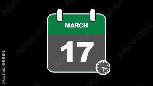 Fotografija Green and Gray Calendar Icon Showing March 17th with a Small Clock seventeenth d