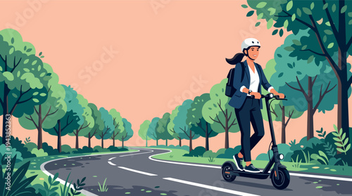 Stylized Flat Vector Illustration of a Winding Park Road with Lush Green Trees