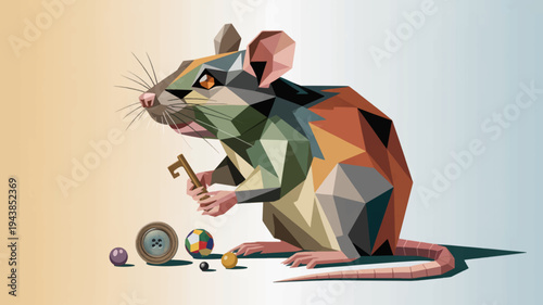 Low poly mouse holds tiny hammer surrounded by small objects on a gradient background with a modern art style