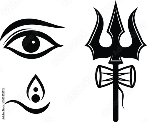 Set of 3 Hindu God Shiva symbols vector icons, including a third eye, a damaru drum, and a trishul trident, in black and white for religious and spiritual designs.