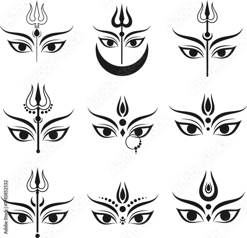 Set of 9 Black and White Goddess Durga Eyes Vector Icons with Trishul and Bindi for Hindu Festival Designs, Spiritual Graphics, and Cultural Celebrations