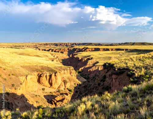 A vast canyon with layered orange and brown cliffs, surrounded by sparse greenery under a blue sky
