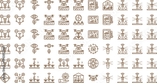 Precision agriculture technology line icon set with drones sensors wireless irrigation monitoring and smart farming analytics