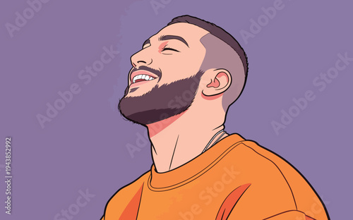 A man smiles widely with his head tilted back while wearing an orange shirt. The background is purple and the scene is bright.