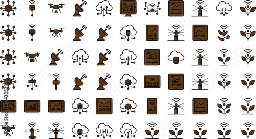 Smart agriculture technology icon set with drones sensors wireless monitoring crop analytics cloud farming and precision agriculture