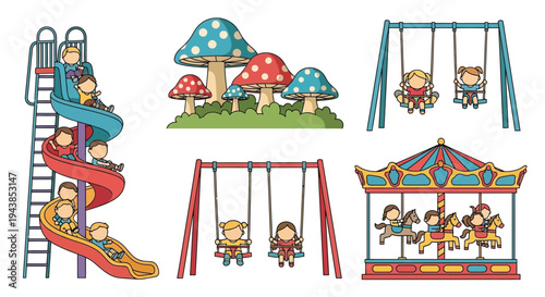 Colorful playground elements including slides swings and a carousel are shown