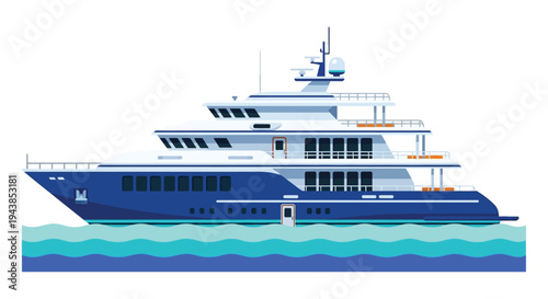 A sleek modern yacht floats on stylized turquoise waves