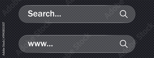 Glassmorphism search bar and URL address bar icon set. Modern web interface navigation elements. Vector Illustration.