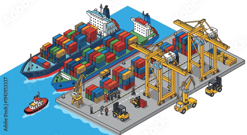 Isometric illustration depicting a busy cargo port with ships and cranes