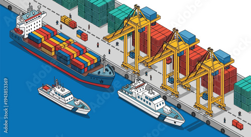 Isometric illustration of a busy shipping port with containers and vessels