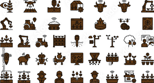 Smart agriculture technology icon set with drones tractors robotics livestock monitoring crop analytics and precision farming