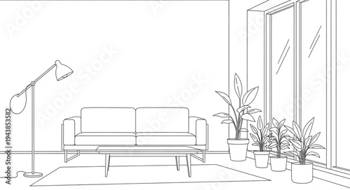 Minimalist Modern Living Room Interior Design with Large Windows and Indoor Plants.