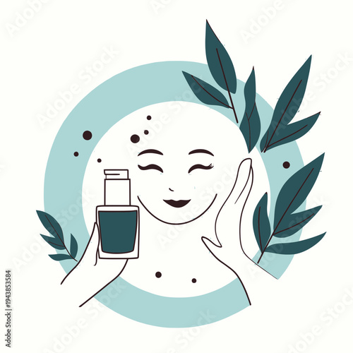 Minimalist vector illustration of facial skincare serum bottle with happy face and green leaves natural beauty concept for anti aging cream and skin hydration treatment design