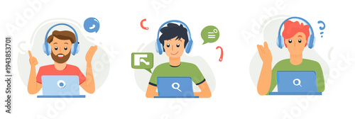 Customer support operators wearing headsets with laptops answering questions, explaining solutions, and confused user searching for help in flat vector style