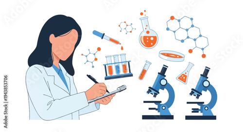 Female scientist taking notes surrounded by laboratory equipment and chemical structures
