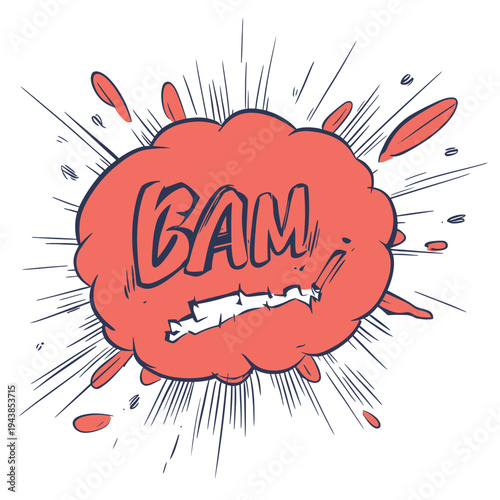 Hand drawn red comic speech bubble with BAM explosion text and splatter lines in doodle sketch style isolated on white background vector illustration
