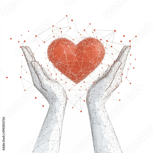 3D Wireframe Polygonal Hands Holding Red Heart Symbol with Connected Dots and Lines Abstract Technology Love Care Concept on White Background
