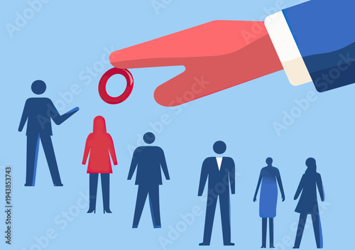 Large red hand holding magnet attracting red figure among group of diverse blue business people silhouettes recruitment or talent acquisition concept flat vector illustration