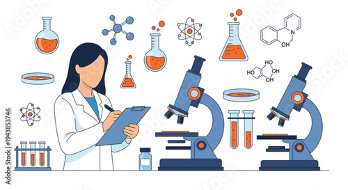 A female scientist researches with laboratory equipment and chemical structures