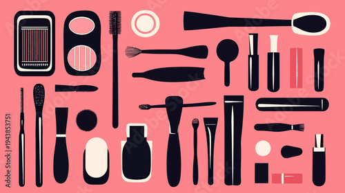 Flat minimalist vector illustration of various makeup removal and cosmetic tools arranged on pink background with brushes, bottles, applicators, and sponges in black and white design