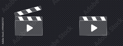 Glassmorphism video player clapperboard icon set. Movie production and media playback symbol. Vector Illustration.