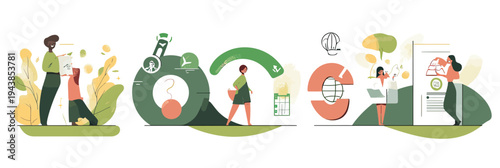 Circular economy concept illustration with people interacting with recycle symbols, green energy icons, and sustainable growth elements in flat minimalist style
