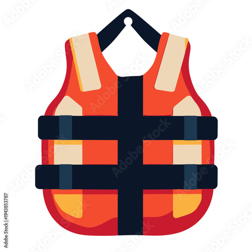 Flat minimalist vector illustration of bright orange life vest with black adjustable straps and beige flotation panels for water safety and rescue