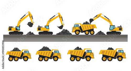 Construction equipment excavators and dump trucks loading and unloading