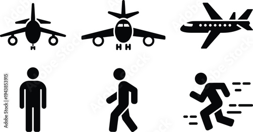 Aviation travel and human motion icons set, airplane flight transport, walking and running person silhouette symbols