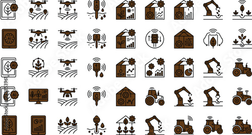 Smart agriculture technology icon set with AI analytics drones smart sensors farm robotics tractors and precision farming