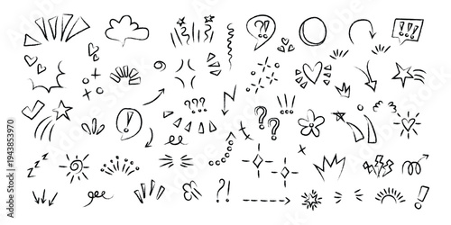 Hand drawn doodle action elements and expressive symbols icon set. Vector Illustration.