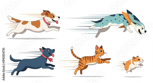 Running pets dogs and cats in motion happy animals fast movement colorful illustration